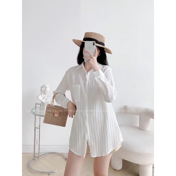 Sơmi trơn túi ngực thô gân hàn Quốc