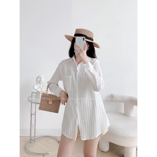 Sơmi trơn túi ngực thô gân hàn Quốc