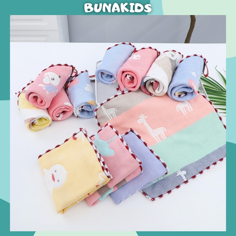 Khăn mặt cotton cho bé 6 lớp bo viền, in hình kute Bunakids KS03