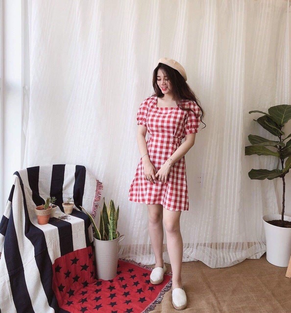 ĐẦM XÒE CỔ U CARO XANH/ ĐỎ CHẤT ĐẸP LÊN DÁNG TRẺ TRUNG