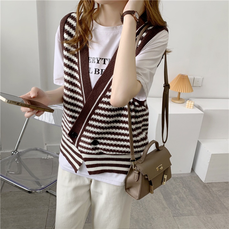 Áo sweater dệt kim SUXI không tay dáng rộng kẻ sọc phong cách retro Hàn Quốc dành cho nữ