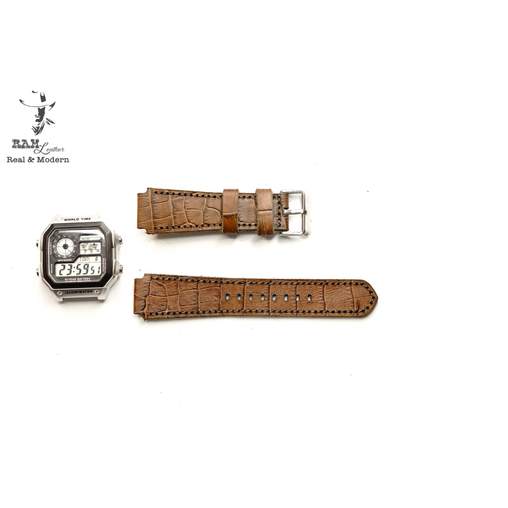 Dây Casio AE 1200 da bò vân cá sấu RAM Leather 1928 - tặng khóa chốt và cây thay dây