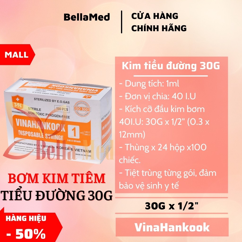 HỘP 100 cây BƠM KIM TIÊM TIỂU ĐƯỜNG INSULIN 1CC 1ML 100iu (30G) VINAHANKOOK