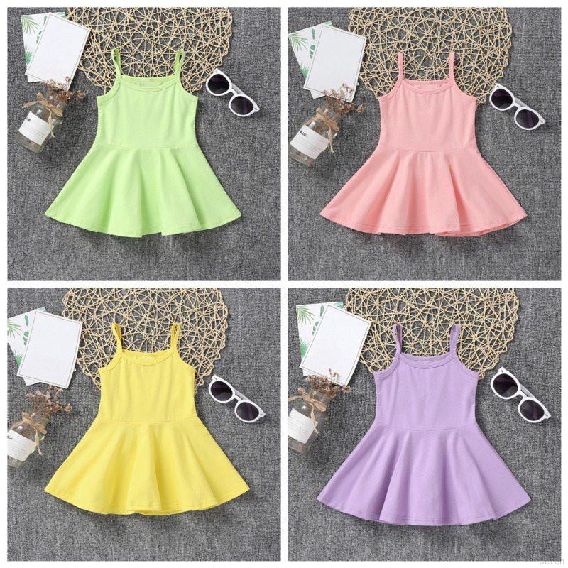 Đầm hai dây trơn màu xinh xắn dành cho bé gái