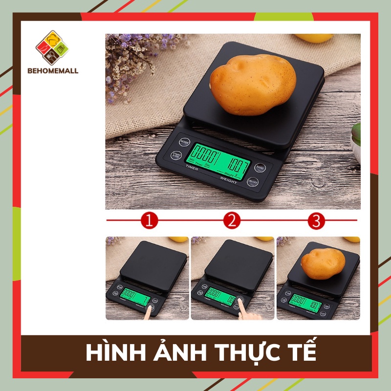 Cân điện tử nhà bếp BEHOMEMALL cân tiểu ly Timer Scale định lượng 0.1 - 3kg cân chính xác làm bánh