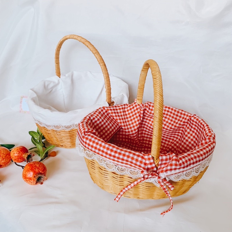 Giỏ mây lót vải caro dáng elip đi picnic dã ngoại chụp ảnh siêu xinh - Tiệm Cói Cô Lê