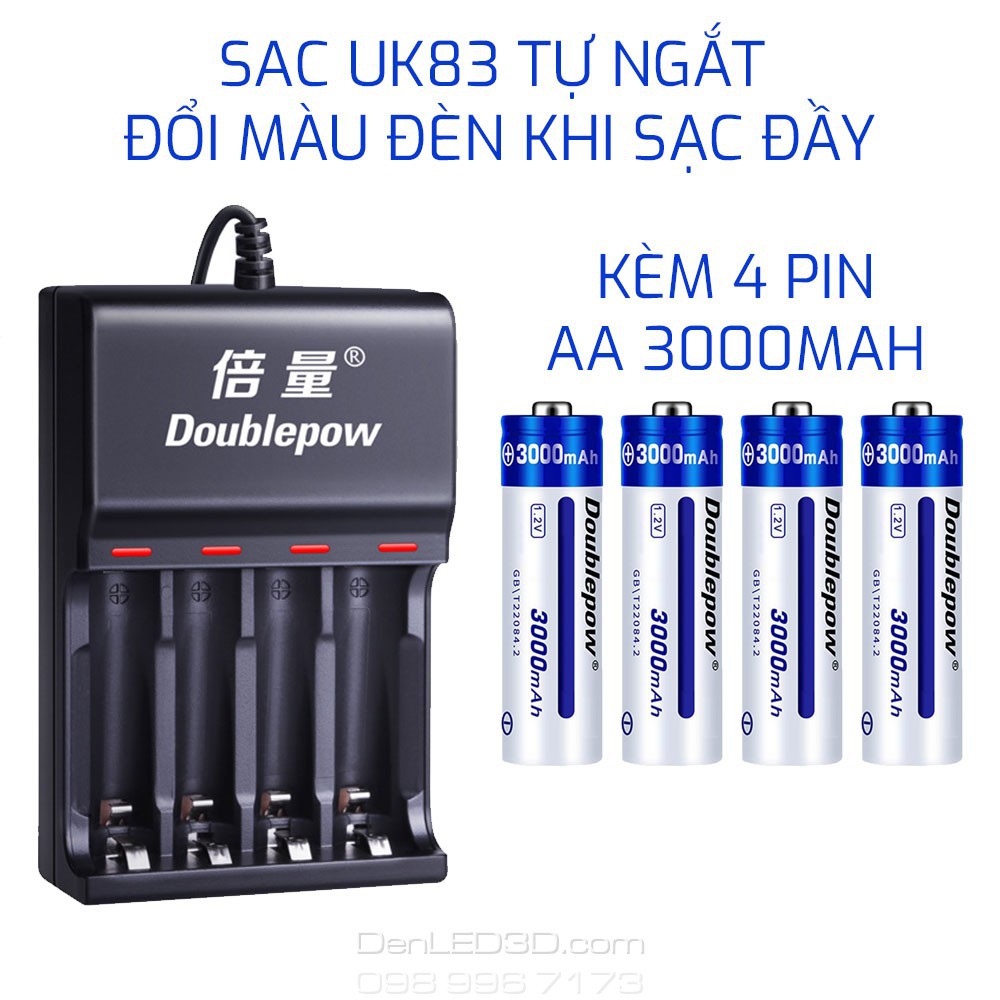 [Chính Hãng] Combo Sạc Tự Ngắt UK83 Đổi Đèn Khi Sạc Đầy Kèm 4 Pin Doublepow 3200Mah