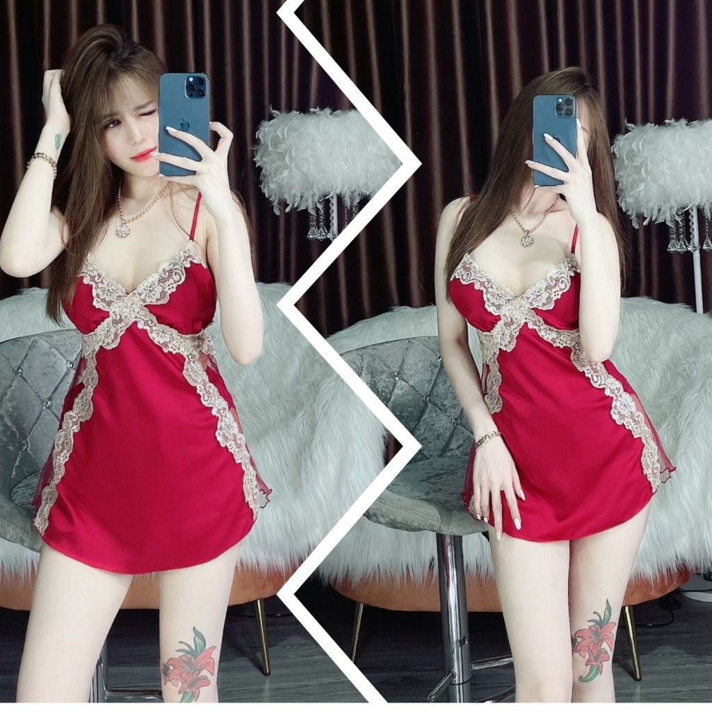 Váy ngủ sexy, Đầm ngủ sexy lụa Satin Chất Siêu Mát Dáng Siêu Xinh &lt;58kg