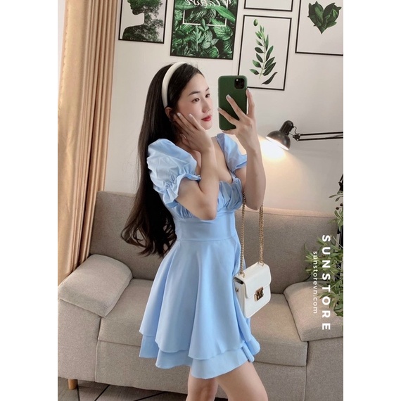 Jumsuit xanh xếp ly ngực thắt dây eo bèo tầng
