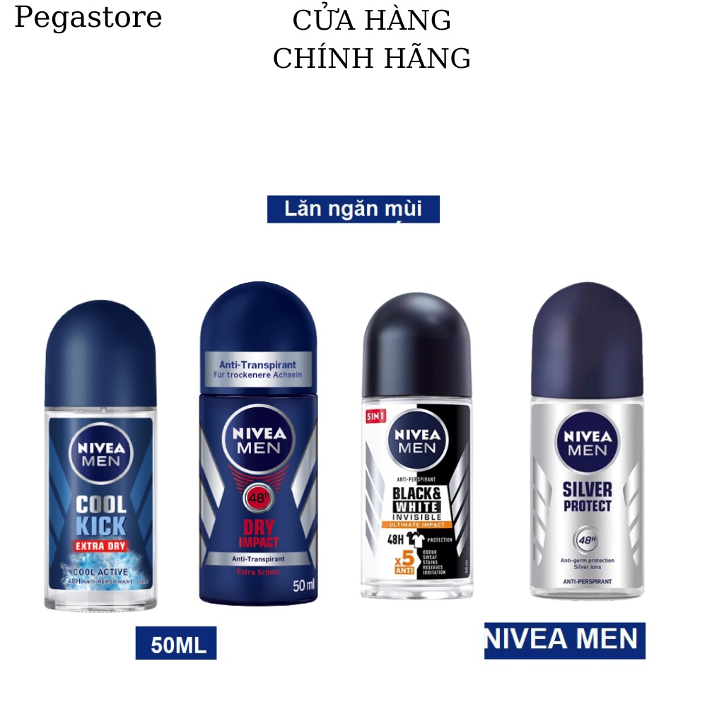 Lăng khử mùi NIVEA Men Cool Kick - lăn nách NIVEA Men Silver Protect - chai lăn nách NIVEA Men Dry Impact 50ml