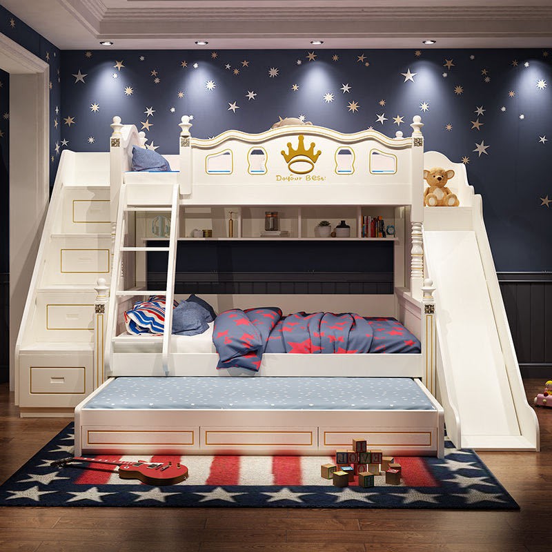 Giường tầng cao thấp kiểu Mỹ trẻ em có tủ trượt bằng gỗ chắc chắn bé trai và gái <