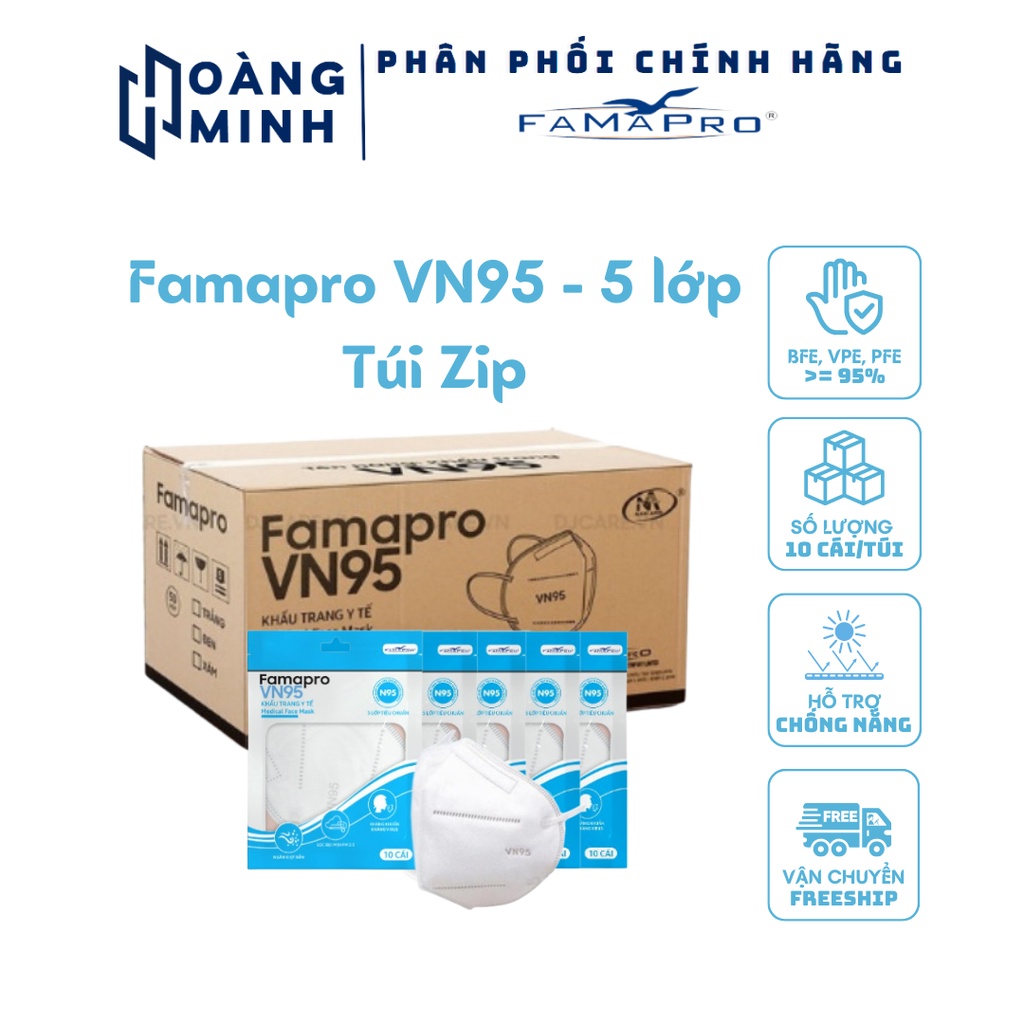 Khẩu trang VN95 Famapro 5 lớp kháng khuẩn túi 10 cái