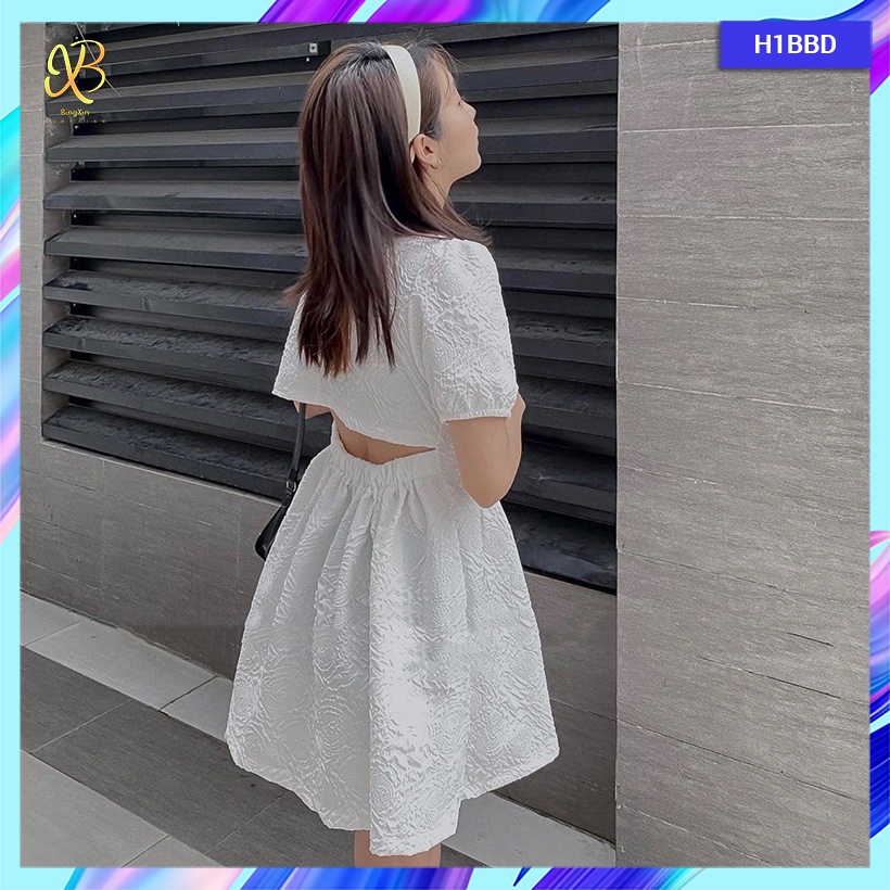 Váy/ đầm nữ babydoll hở eo lưng chiết eo dáng xòe tay bồng - H1BBD - Bingxin