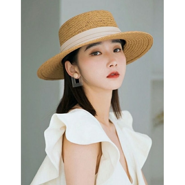Mũ cói rơm vành phẳng nữ mùa hè phiên bản Hàn Quốc chống nắng UV cho kỳ nghỉ Nón đi biển Paris thời trang hàng đầu Pháp