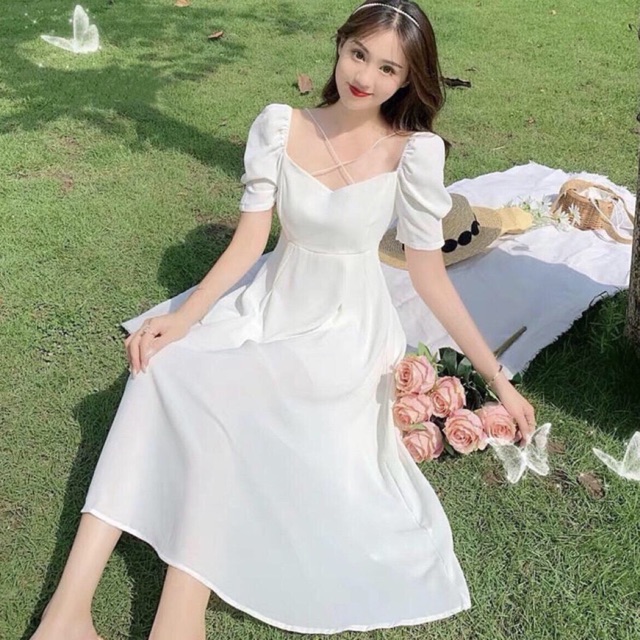 Đầm váy trắng chéo dây form dài (kèm hình thật)