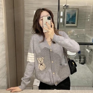 Áo khoác cardigan dệt kim tay dài cổ chữ V thêu họa tiết gấu hoạt hình xinh xắn thời trang dành cho nữ