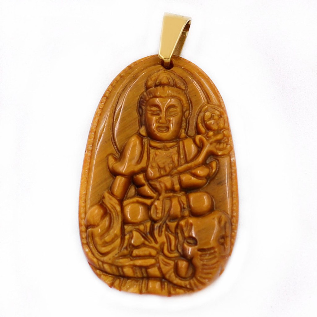 Mặt dây chuyền Bồ Tát Phổ Hiền đá tự nhiên nâu 3.6cm - Phật bản mệnh tuổi Thìn, Tỵ - Mặt size nhỏ - Móc inox