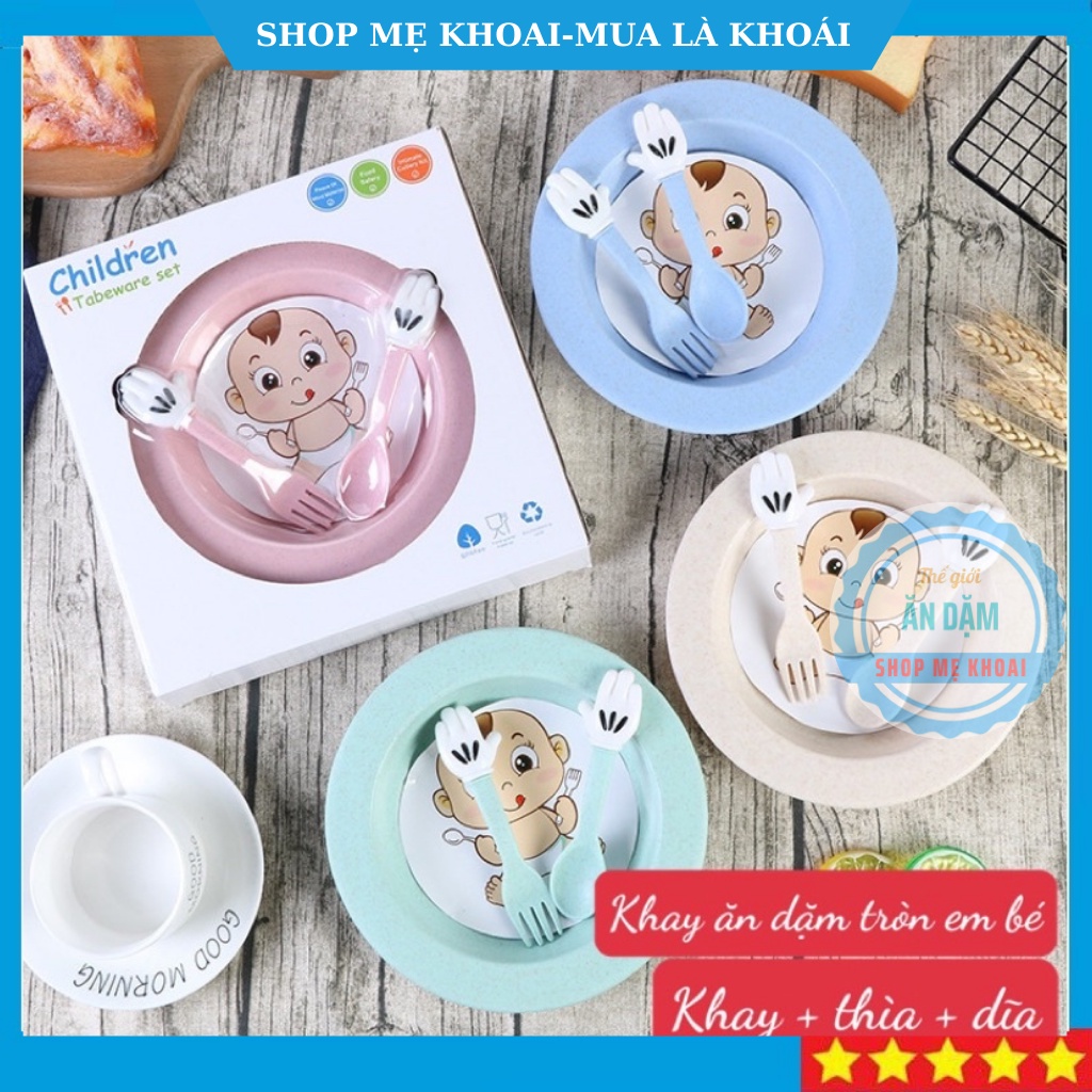 Combo Khay ăn dặm lúa mạch cao cấp hình tròn dễ thương cho bé ập ăn dặm kèm set thìa dĩa-Hàng loại 1 kèm hộp
