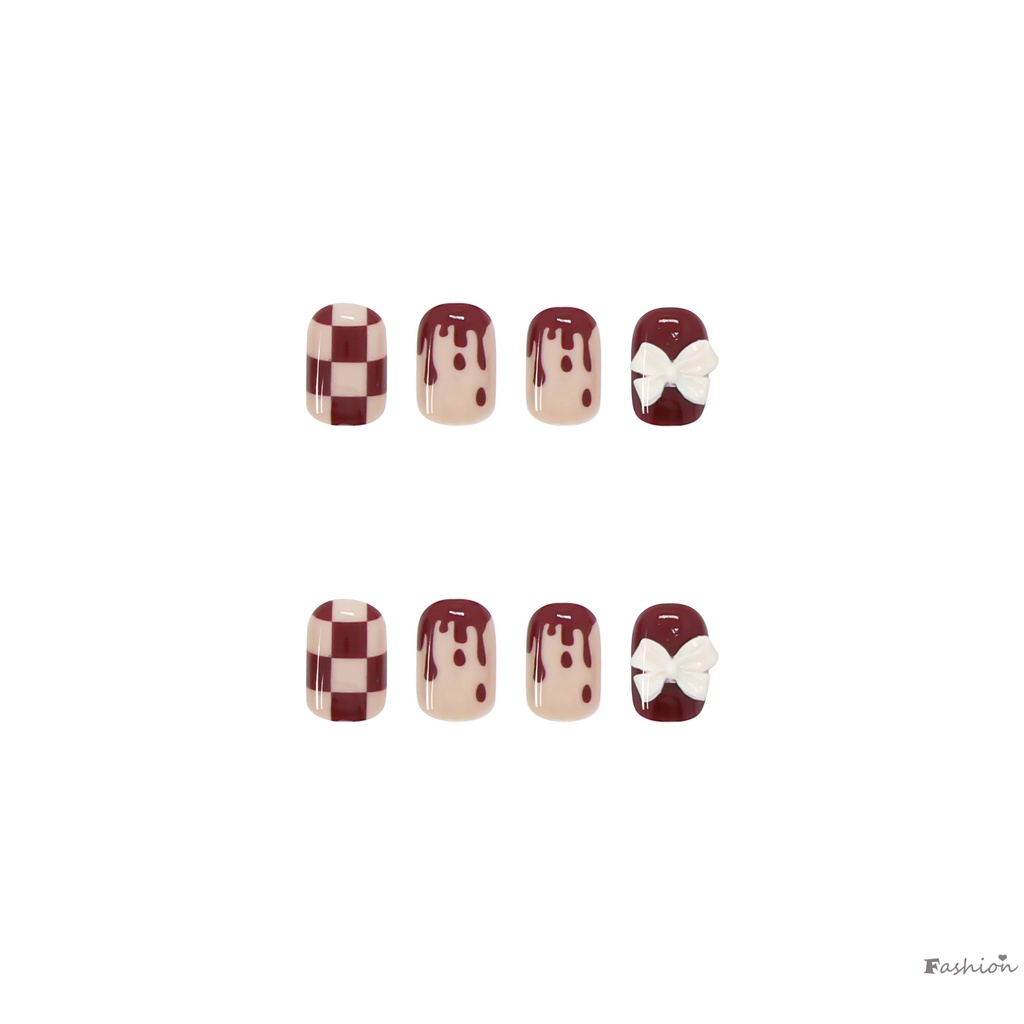 Bộ 24 Móng Tay Giả Dáng Ngắn Màu Đỏ Đính Nơ Dễ Thương Che Phủ Toàn Diện Cho Nữ