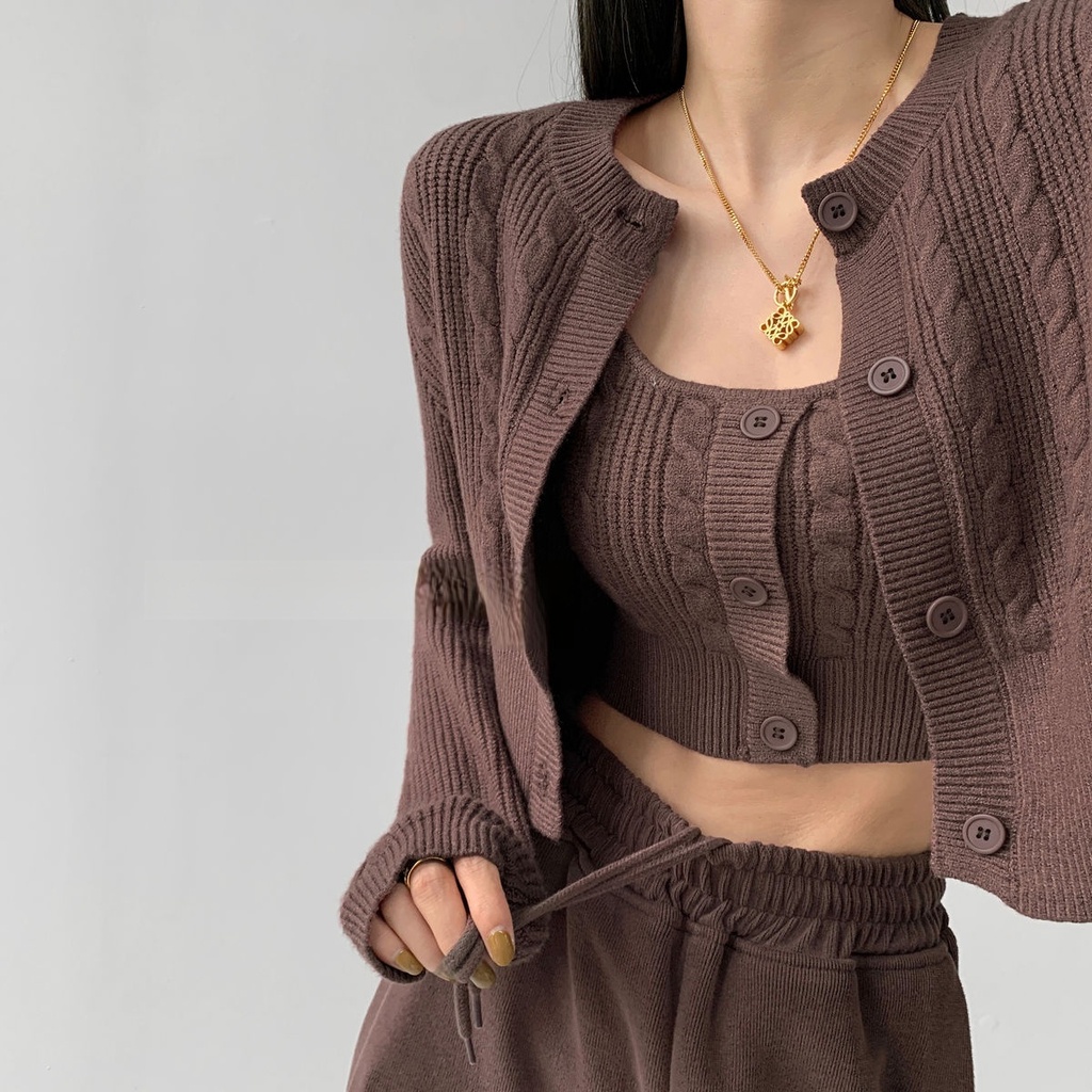 Áo Cardigan Dệt Kim Hai Mảnh Phong Cách Retro Thời Trang Xuân Thu Dành Cho Nữ