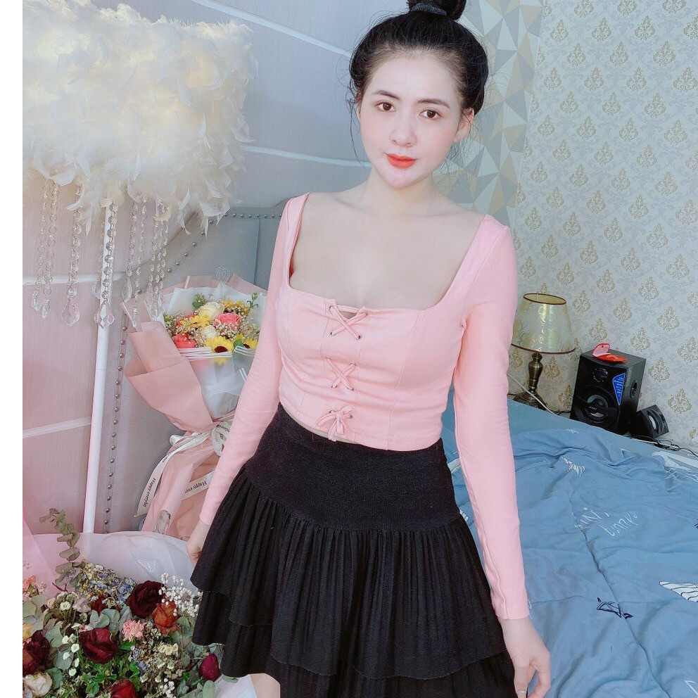 Áo kiểu croptop tay dài ôm body cổ vuông đan dây ngực cực xinh , chất thun bozip mềm mịn , ảnh thật
