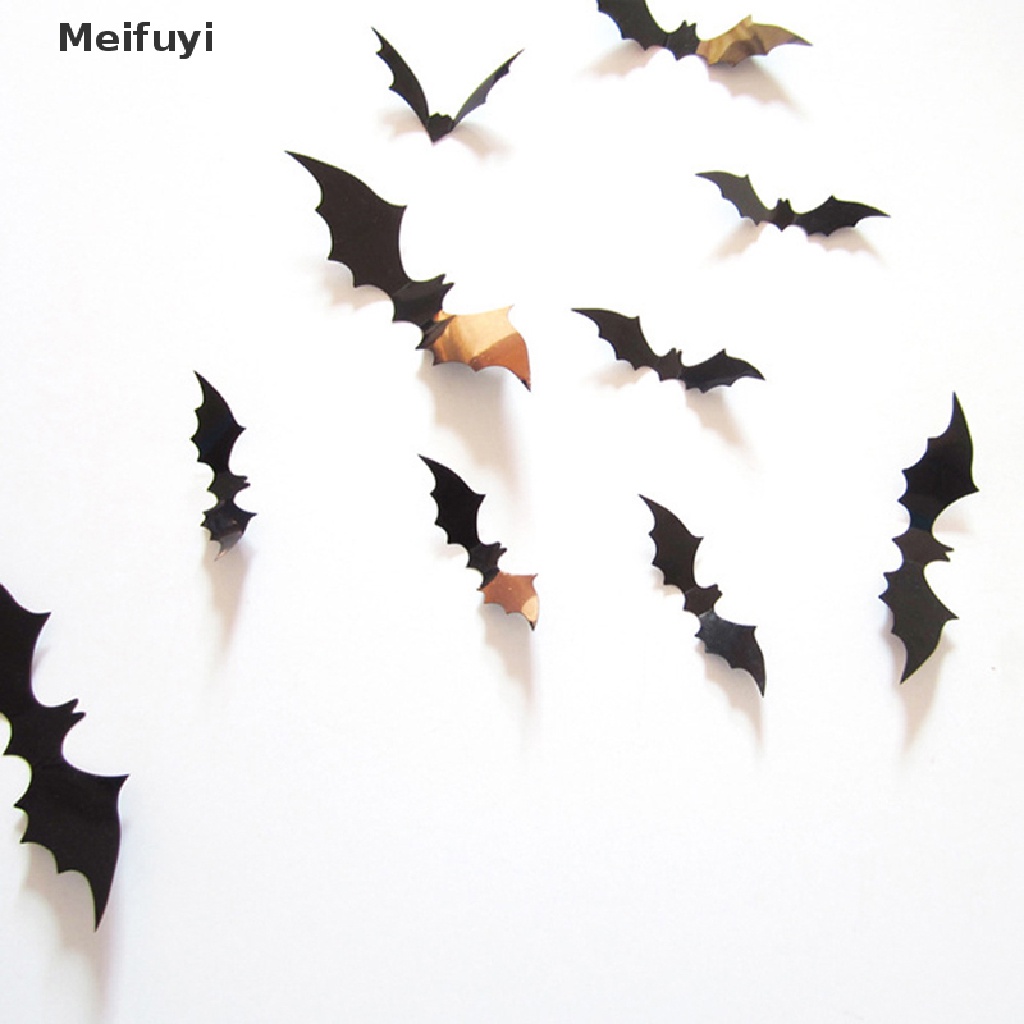 Bộ 12 Miếng Dán PVC Hình Dơi 3D Màu Đen Trang Trí Tiệc Halloween