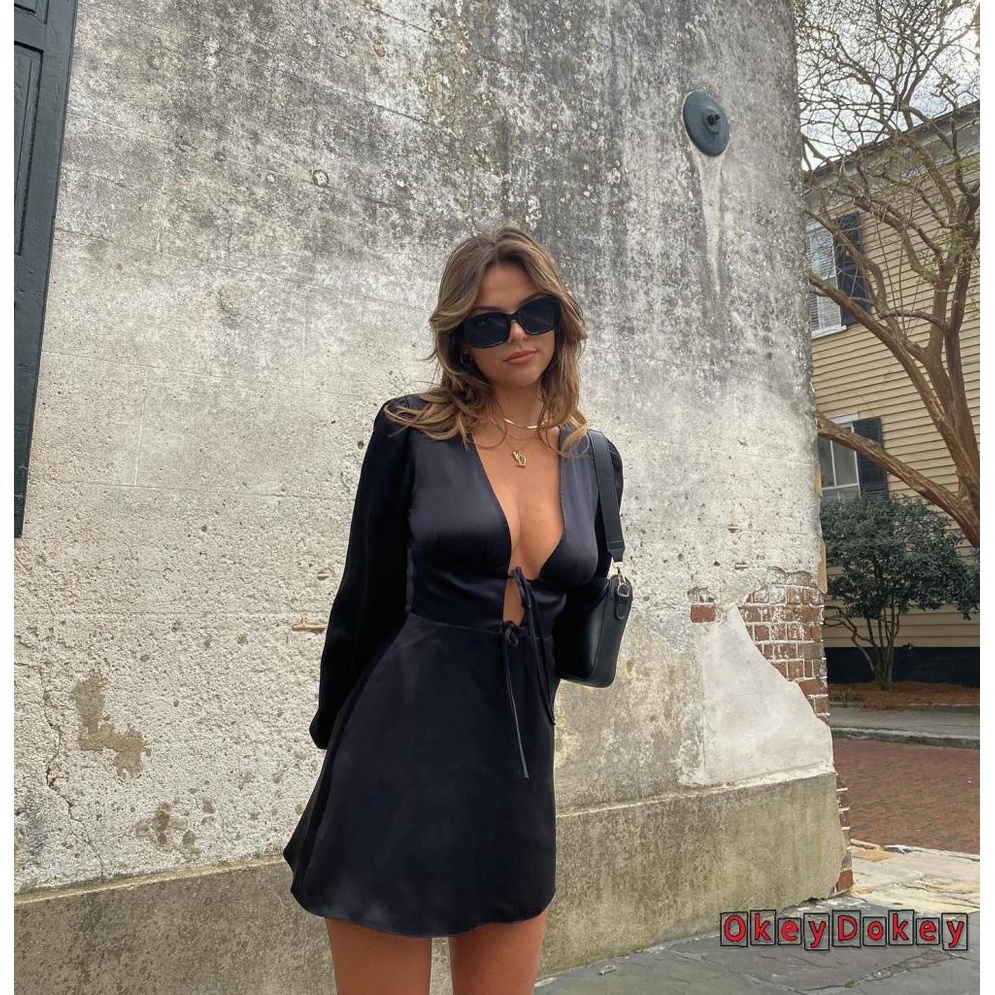 Đầm Chữ A Tay Dài Màu Trơn Hở Lưng Thời Trang Dành Cho Nữ