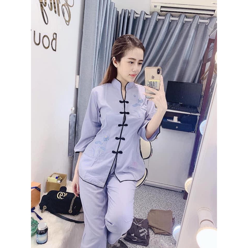Bộ phật tử Cổ tàu thêu sen - Đồ lam đi chùa Bà Lai vải Cotton mịn giá rẻ - YuZin Store | BigBuy360 - bigbuy360.vn