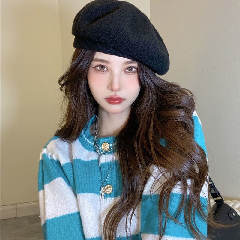 Áo khoác Cardigan dệt kim tay dài cổ tròn họa tiết kẻ sọc trắng đen tương phản thời trang thu đông cho nữ