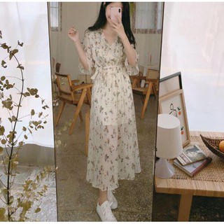 ORDER váy đầm voan ulzzang hoa nhí dáng dài cổ v hàng quảng châu