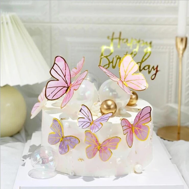 Set 10 Bươm Bướm Màu Vàng Hồng Trang Trí Bánh Kem