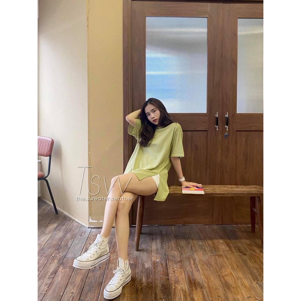 [Mã WASKT304 giảm 15% tối đa 30K đơn 99K] Áo phông dệt kim sần xẻ tà oversize (Ảnh thật) | BigBuy360 - bigbuy360.vn