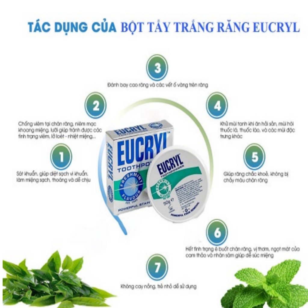 Bột Bạc Hà Giúp Sạch Miệng Trắng Răng, Hơi Thở Thơm Mát Eucryl Toothpower 50g