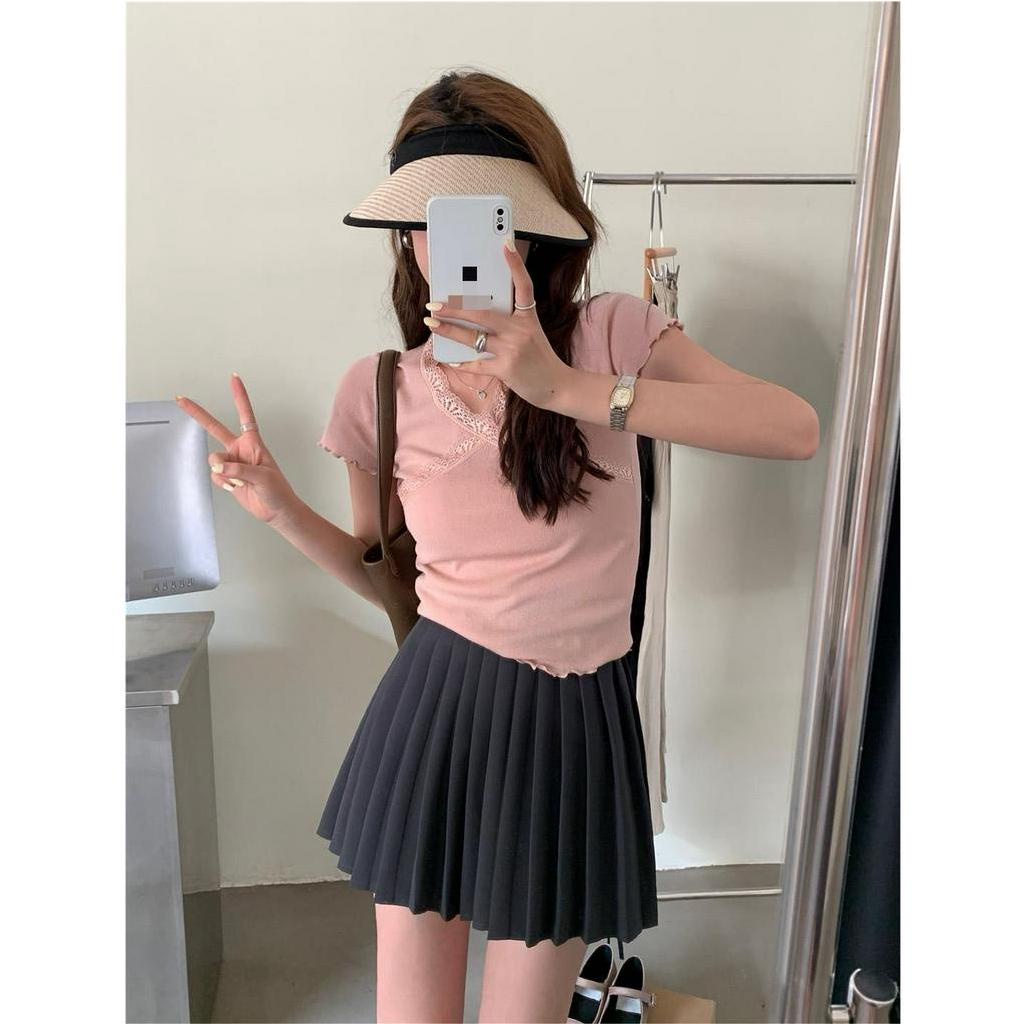 ZHELIHANGFEI Áo Thun Nữ Ngắn Tay Cổ Chữ v Phối Ren Thời Trang