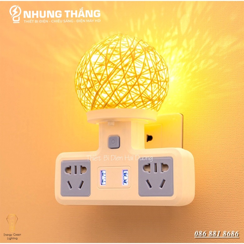 Ổ Cắm Điện Đa Năng - Đèn Ngủ Cầu Mây - 2 Cổng USB , Ổ Chịu Tải 2500W, Chống Cháy Nổ - Tặng Kèm Phích Chuyển Đổi