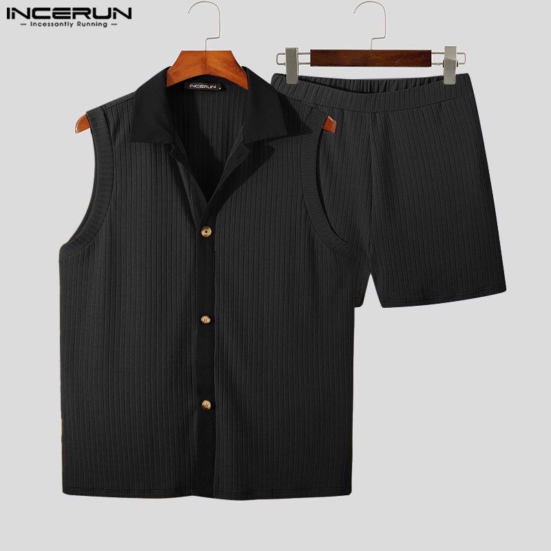 Bộ áo không tay và quần short INCERUN dệt kim màu trơn đơn giản cho nam