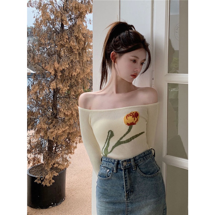 Áo thun COZOKC tay dài trễ vai dáng ôm họa tiết in thời trang