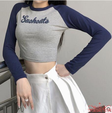 Áo Crop Top Tay Dài in Chữ Kiểu Raglan Thời Trang Dành Cho Nữ