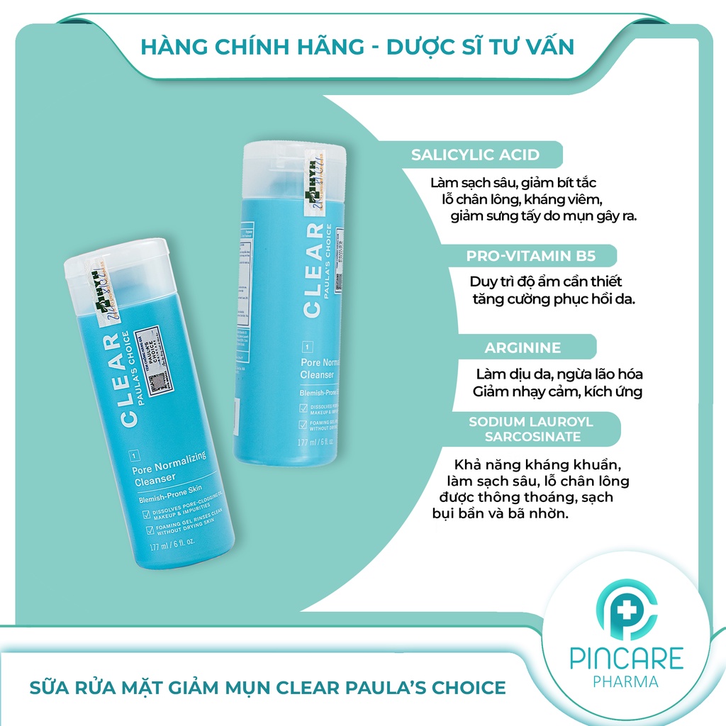 Sữa rửa mặt ngừa mụn, se khít lỗ chân lông Paula’s Choice Clear Pore Normalizing Cleanser 177ml-Hàng chính hãng-PinCare