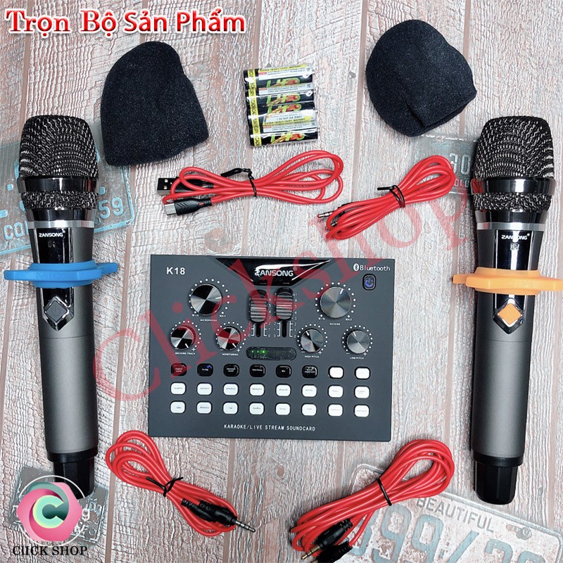 Bộ karaoke Sound Card K18 Kèm 2 Micro Không Dây Có Auto Tune tích hợp pin chạy nguồn điện 5V