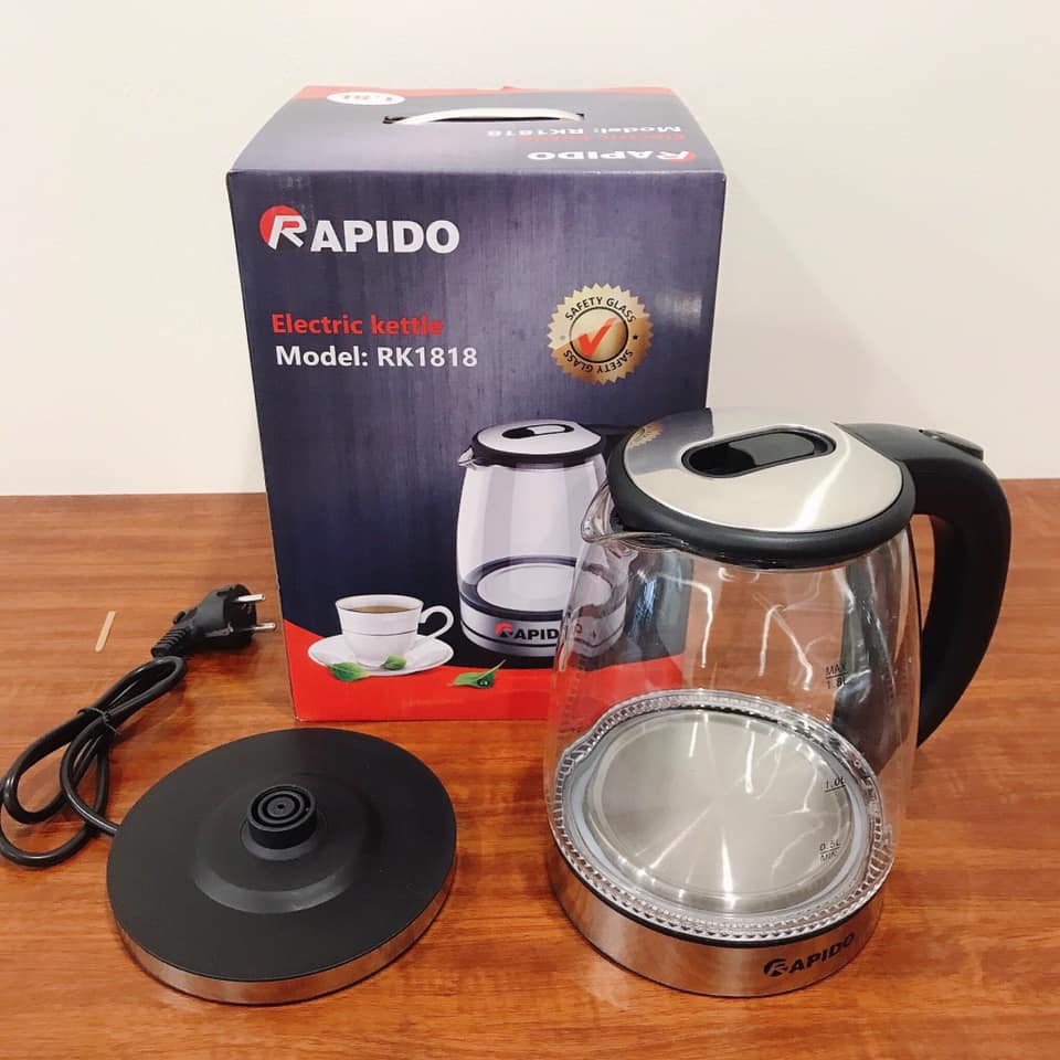Ấm đun nước siêu tốc Rapido, Ấm điện, chất liệu thủy tinh, dung tích 1.8 lít, Bình đun nước siêu tốc