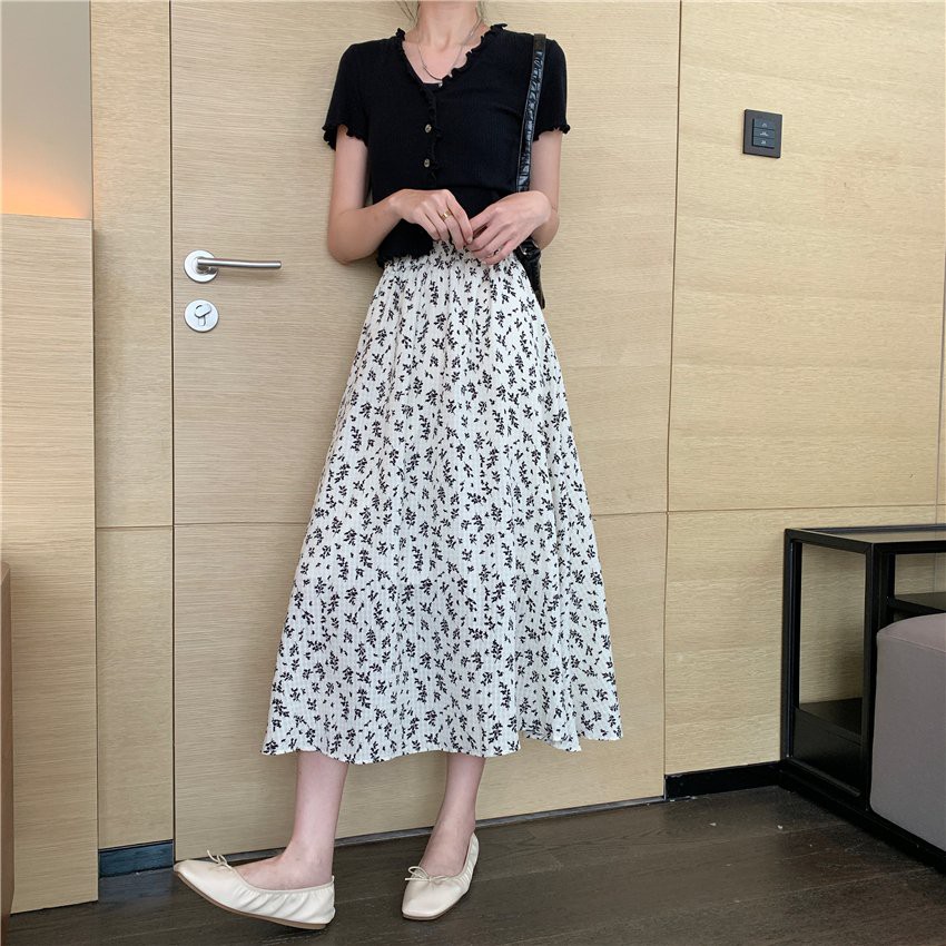 Chân Váy Hoa Nhí Quảng Châu Chất Liệu Voan Thun Chiều Dài 73cm - Chân Váy Dài Cạp Chun Quảng Châu CV20 | BigBuy360 - bigbuy360.vn