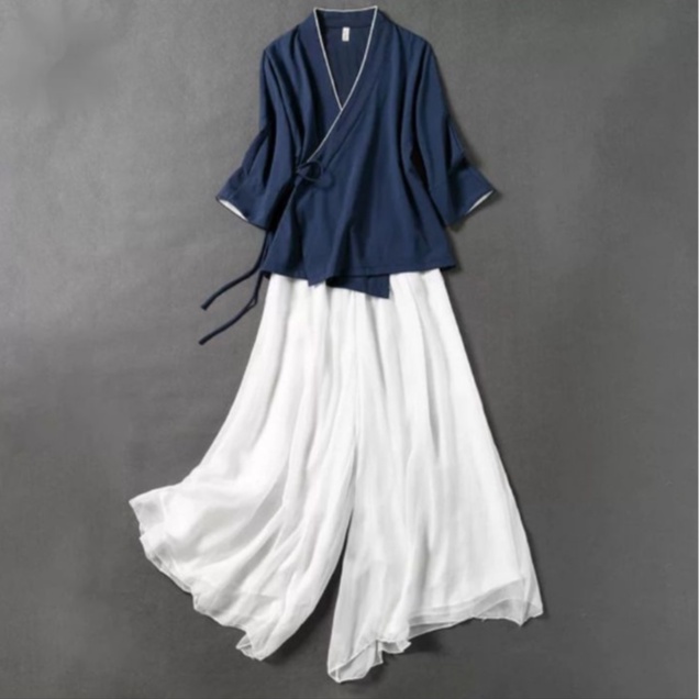 Quần áo phật tử Đi lễ chùa Tập thiền & Yoga - Bộ nữ cổ chéo Thiên Khôi vải đũi cotton mềm cao cấp