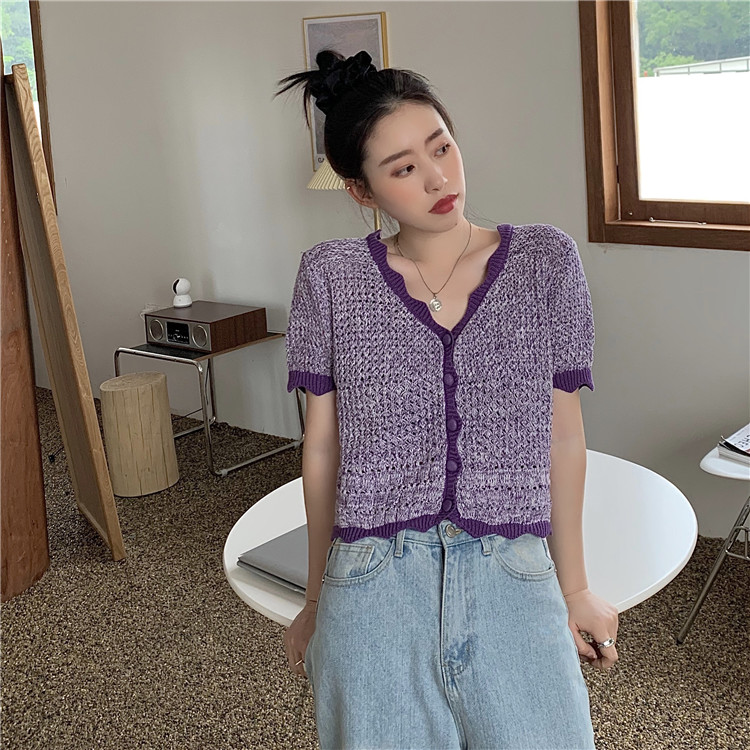 Áo Thun Dệt Kim Mỏng Dáng Ngắn Phối Bèo Xinh Xắn Cho Nữ