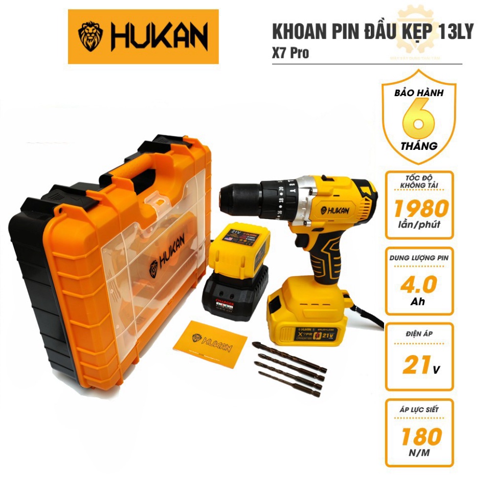 Máy khoan pin HUKAN X7 Pro không chổi than đầu kẹp 13 ly 2 pin 10cell tặng kèm 4 mũi khoan đa năng