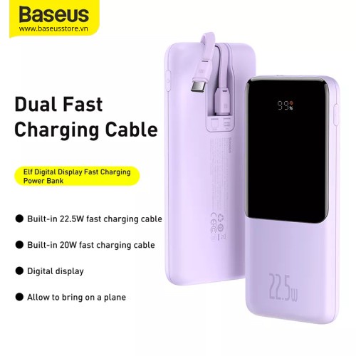 Pin dự phòng Baseus Elf Digital Display 10000mAh sạc nhanh 22.5W tích hợp cáp sạc Type-C và Lightning