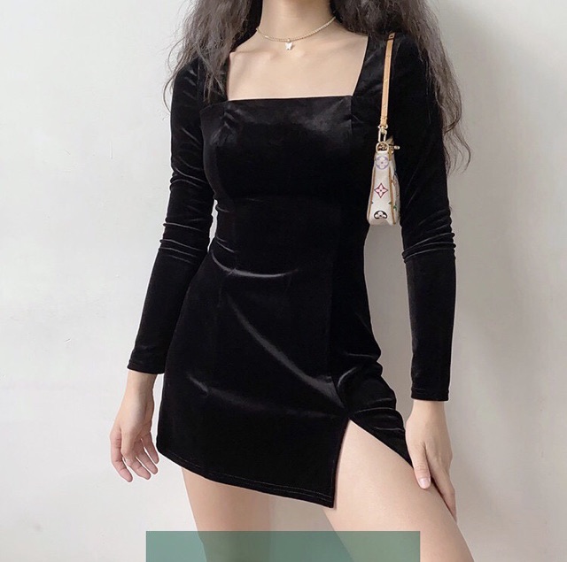 ĐẦM NHUNG TAY DÀI CỔ VUÔNG XẺ TÀ - T161 | BigBuy360 - bigbuy360.vn