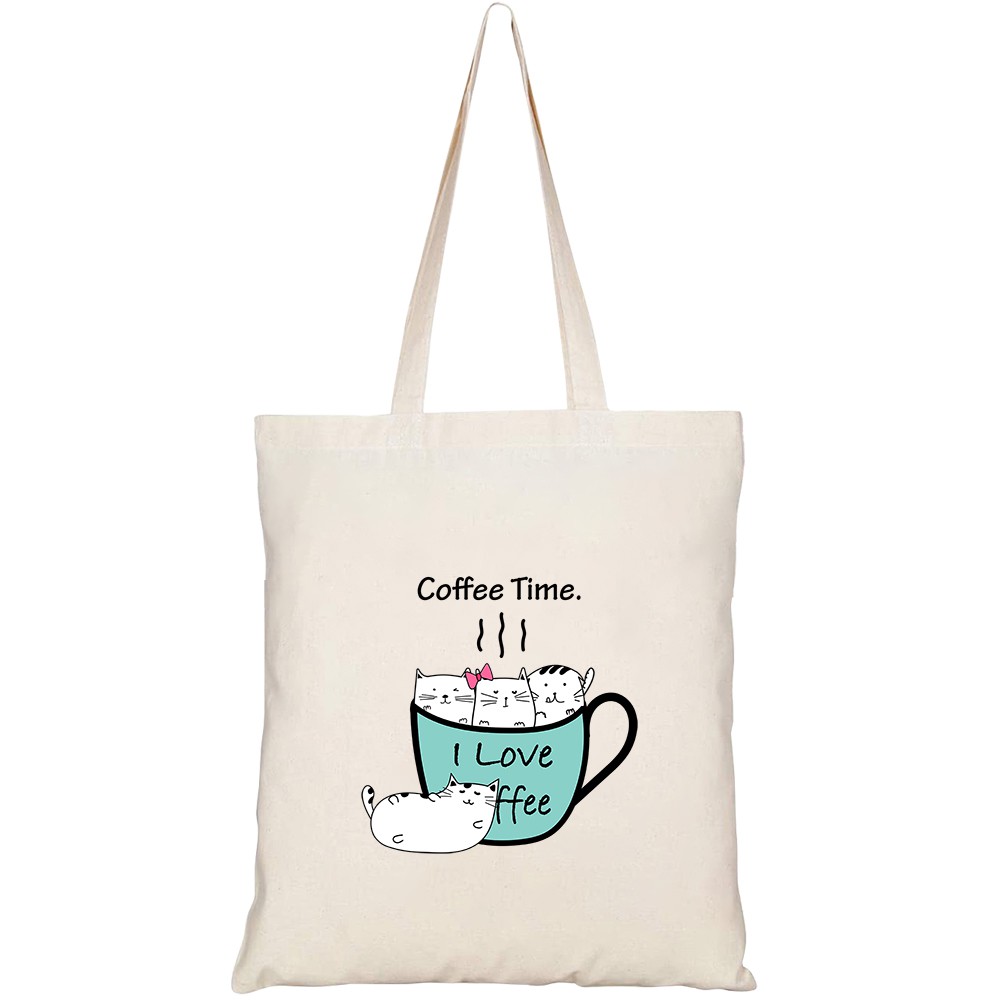 Túi vải tote canvas HTFashion in hình cute cats cup coffee time HT174