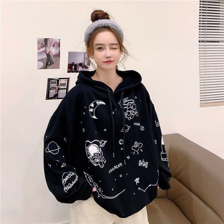 Áo nỉ unisex nữ họa tiết ngoài hành tinh dáng rộng thời trang hàn quốc/ Áo hoodie chui đầu có mũ dáng thụng ulzzang