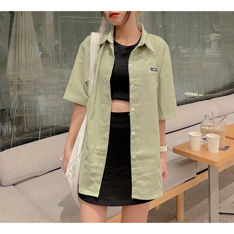 Áo sơmi tay lỡ unisex TAG JAY màu ĐEN/TRẮNG/HỒNG/XÁM XANH/MINT  Nam nữ unisex  Áo sơmi form rộng style Ulzzang